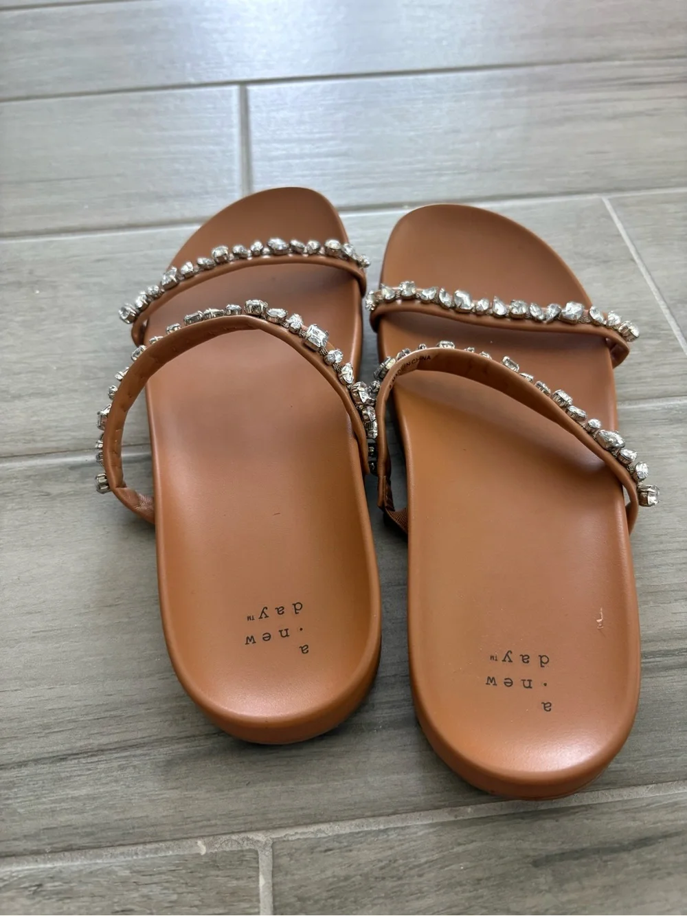 A New Day Jacky Embellished Sandals in tan with rhinestone accents